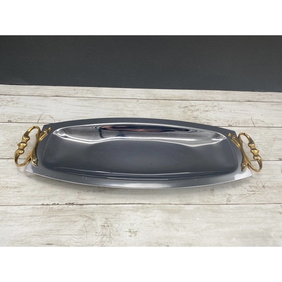 MCM Kromex Silver Serving Tray Bread Platter Chrome Brass Handles 17.5 x 6.5" - Picture 12 of 12